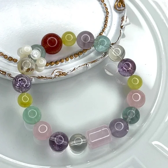 Handmade Multi Gemstones MOP Phantom Quartz 💎 Stretch Bracelet - Picture 3 of 4